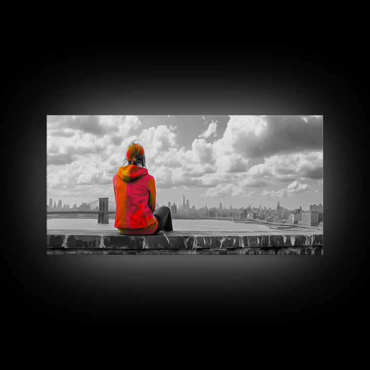 Rooftop View, Urban Woman, Brooklyn Bridge, Reflective Mood, Framed Canvas Print, Modern City Wall Art, Inspirational Office Decor