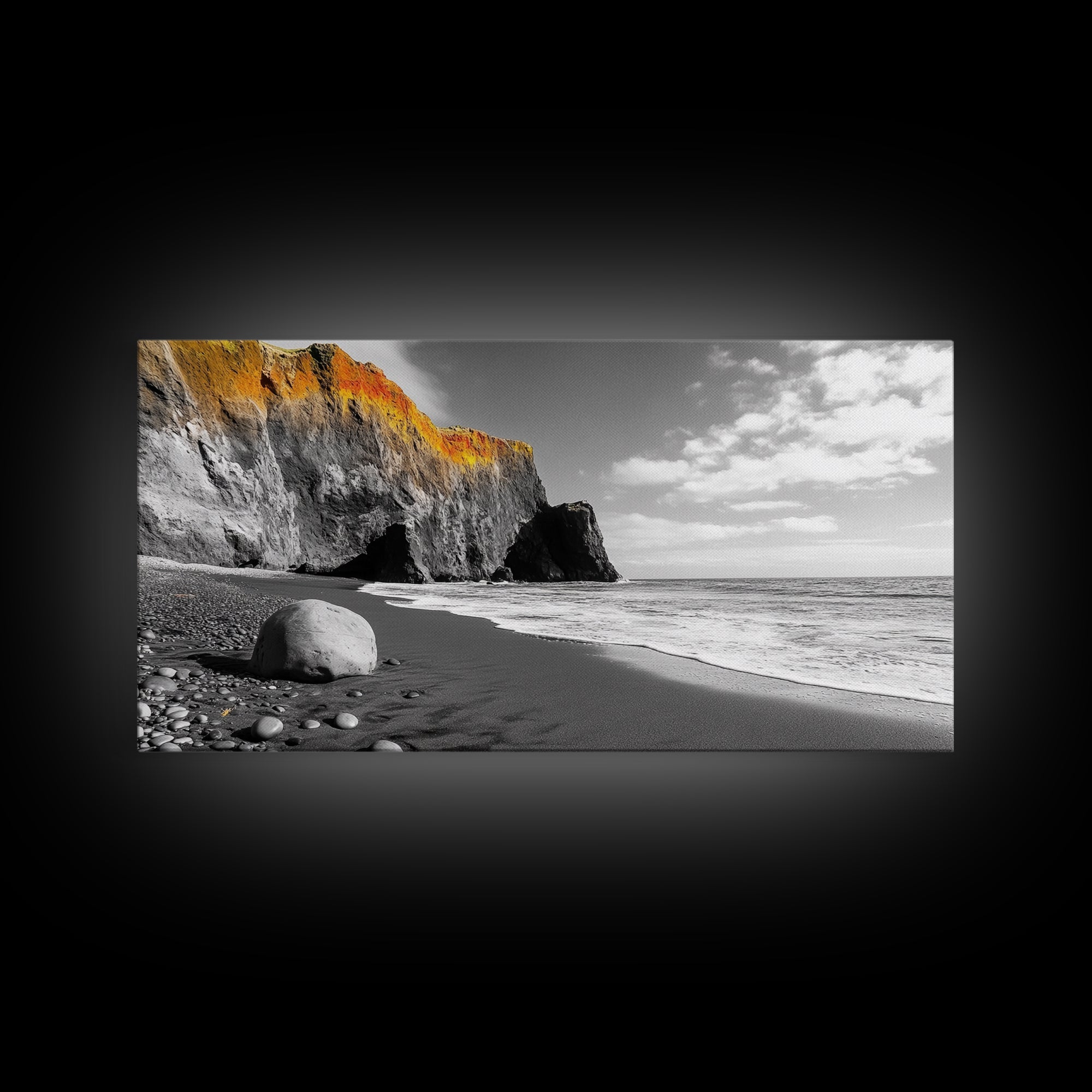 Coastal Cliff View, Monochrome Shore, Bold Nature Scene, Framed Canvas Print, Beach Wall Art, Dramatic Landscape, Modern Office Decor