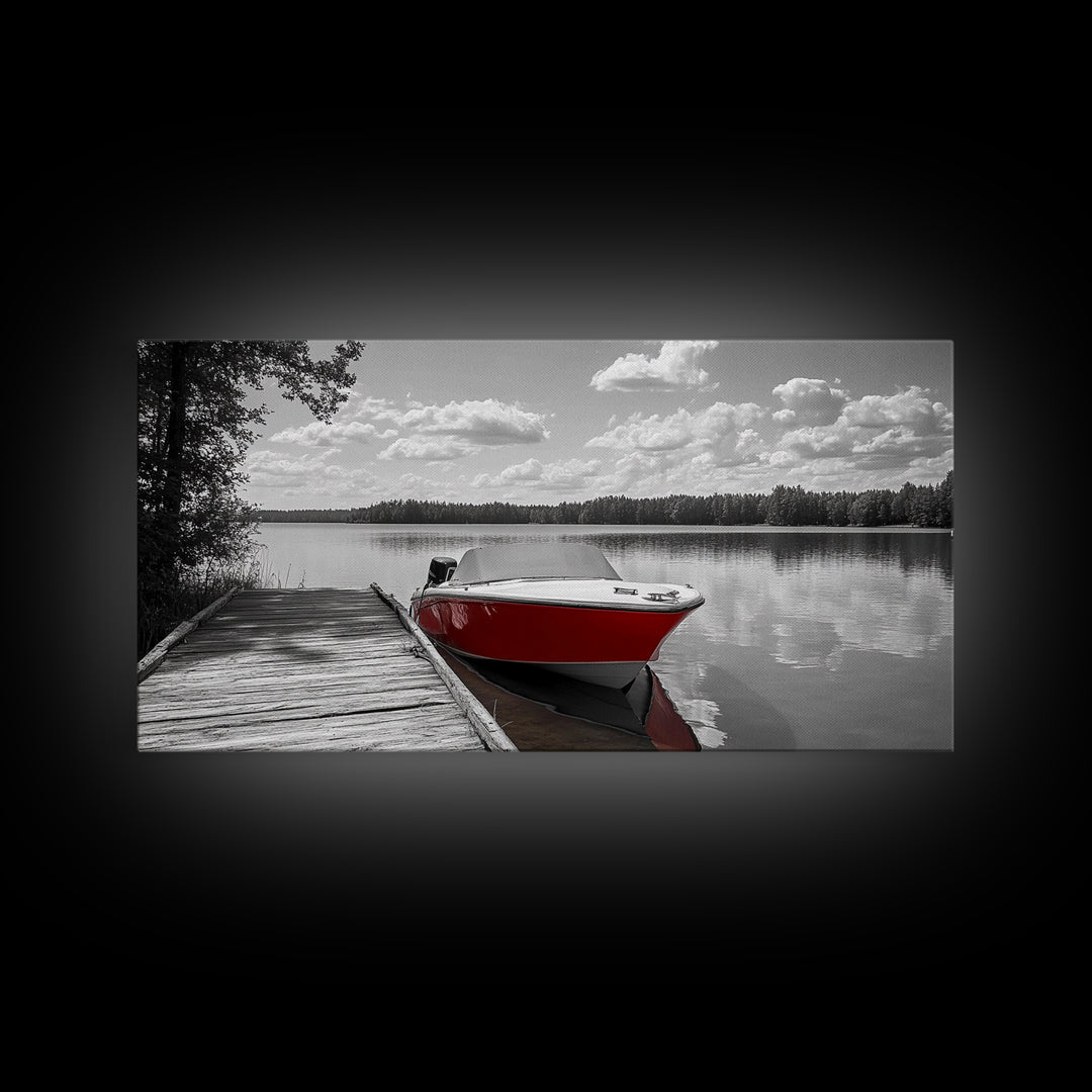 Rustic Boathouse, Red Canoe, Lake Reflection, Tranquil Nature, Framed Canvas Print, Cabin Wall Art, Autumn Lake House Decor
