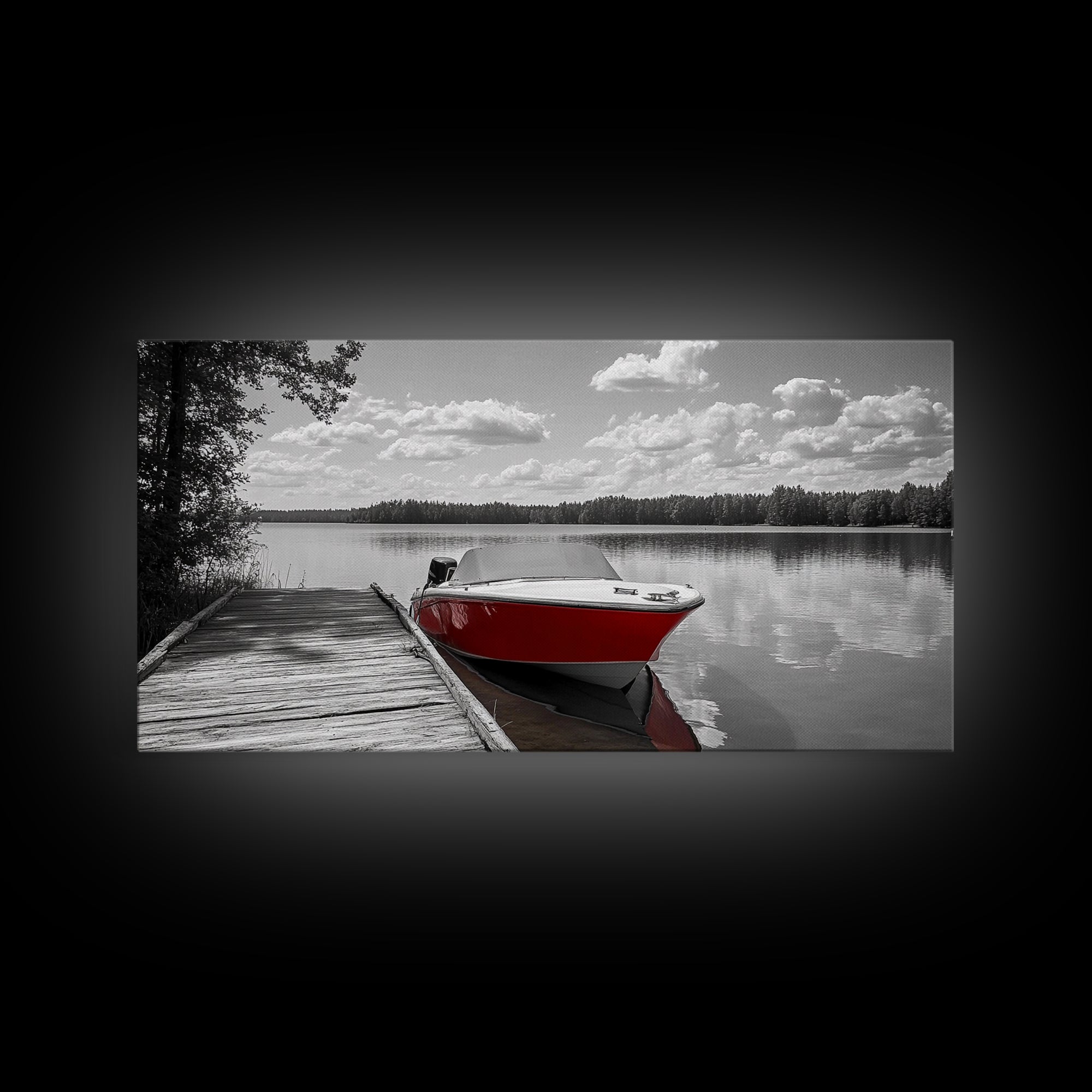 Rustic Boathouse, Red Canoe, Lake Reflection, Tranquil Nature, Framed Canvas Print, Cabin Wall Art, Autumn Lake House Decor