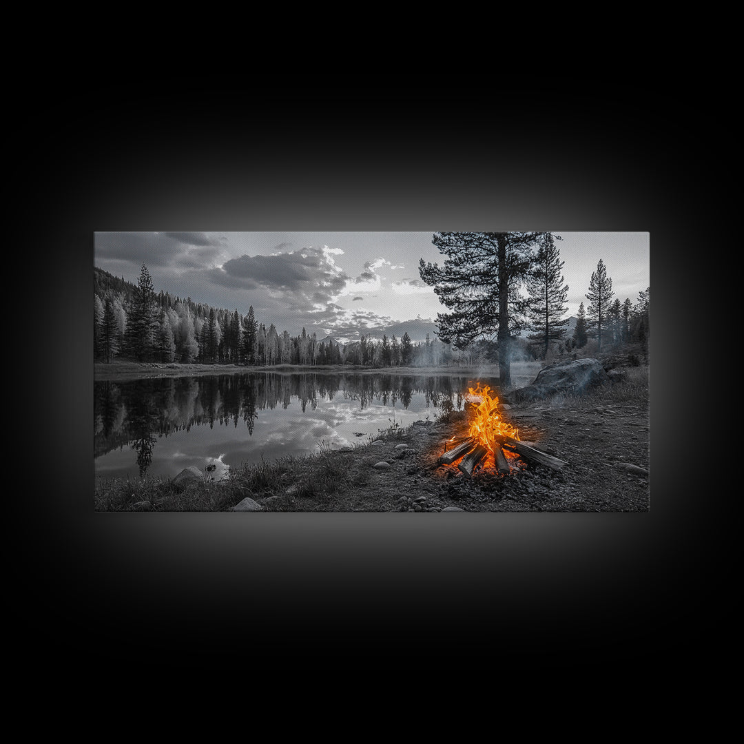 Campfire Sunset, Lake Reflections, Wilderness Escape, Nature Serenity, Framed Canvas Print, Rustic Decor, Autumn Wall Art, Living Room