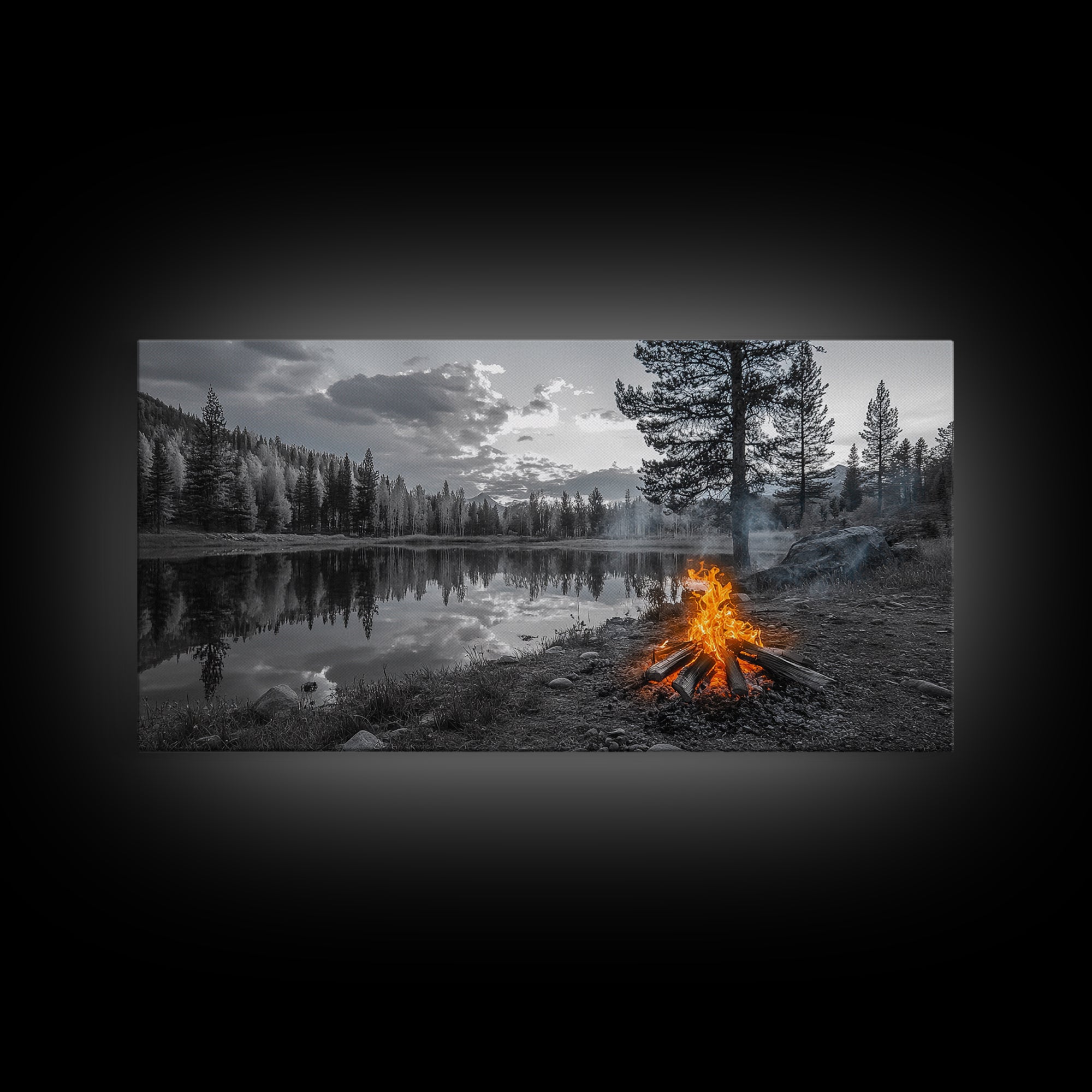 Campfire Sunset, Lake Reflections, Wilderness Escape, Nature Serenity, Framed Canvas Print, Rustic Decor, Autumn Wall Art, Living Room
