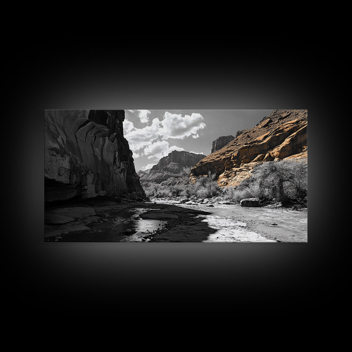 Desert Canyon, River Shadows, Rock Formations, Wild Terrain, Framed Canvas Print, Nature Wall Art, Earth Tone Decor, Living Room Style