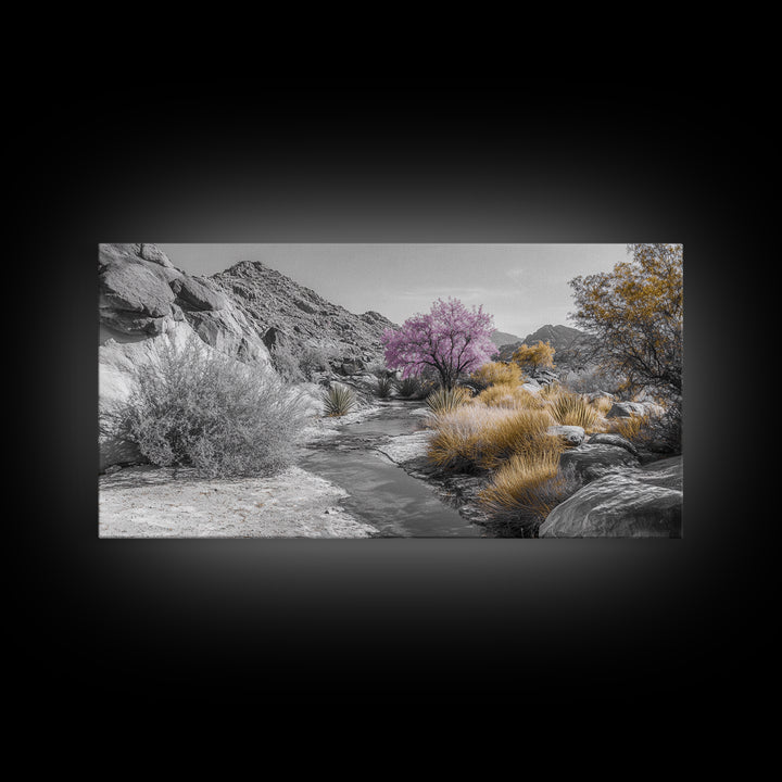 Desert Bloom, Surreal Landscape, Pink Tree, Earthy Desert Colors, Framed Canvas Print, Boho Living Room Wall Art, Southwestern Nature Scene
