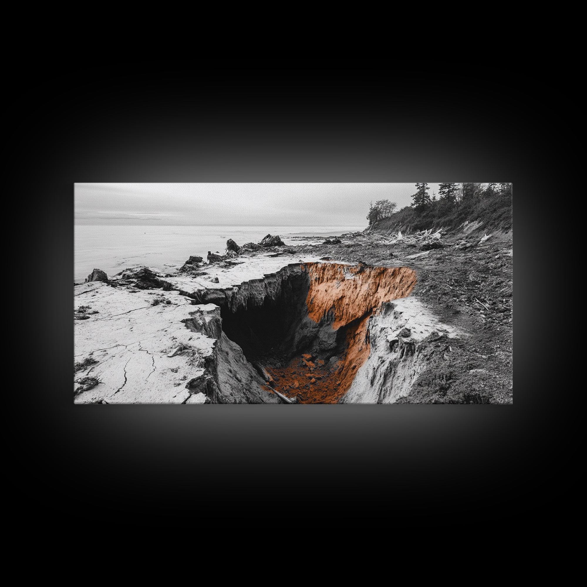 Coastal Cliff, Erosion Edge, Rugged Shoreline, Ocean Mystery, Framed Canvas Print, Modern Nature Wall Art, Earthy Office Decor, Beach Mood