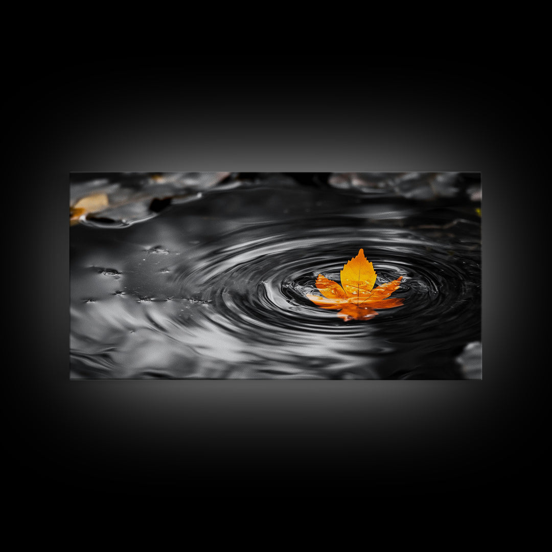 Autumn Leaf Ripple, Nature Zen Moment, Framed Canvas Print, Fall Wall Decor, Minimalist Art, Bathroom or Spa Wall Art, Peaceful Vibe