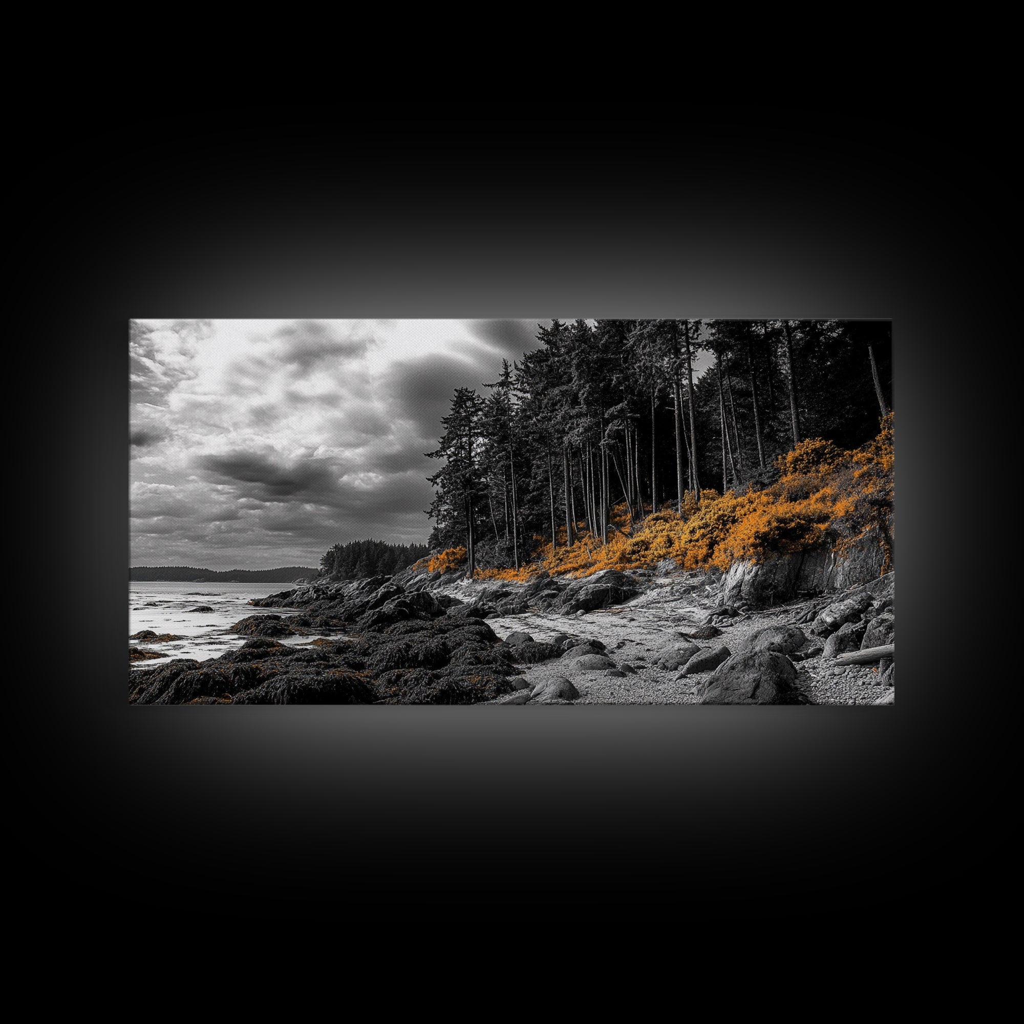 Autumn Coastline, Orange Forest Edge, Framed Canvas Print, Coastal Nature Art, Fall Wall Decor, Rustic Living Room Style, Moody Sky