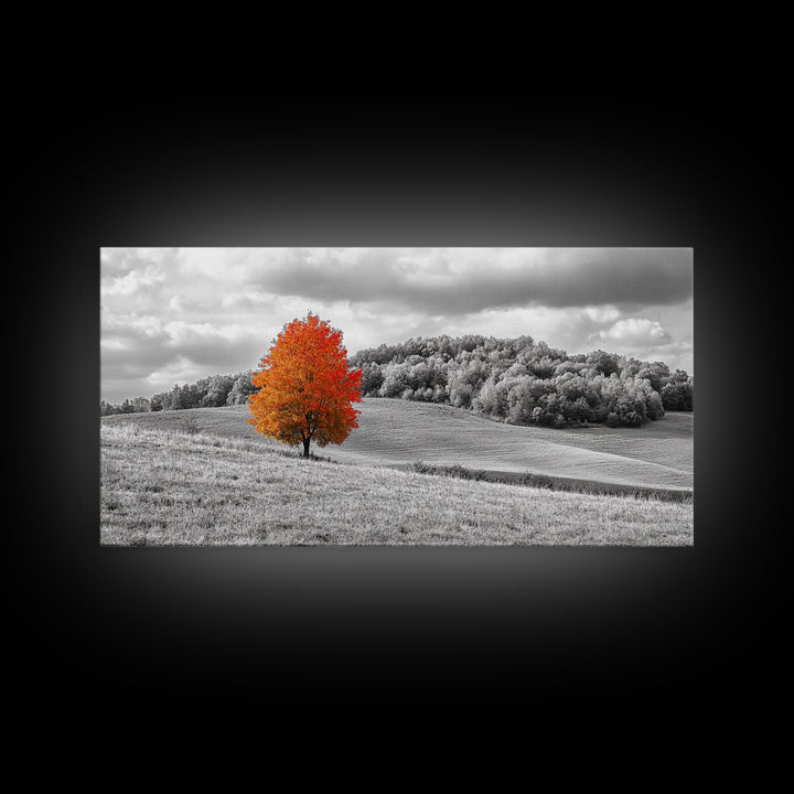 Autumn Tree, Rolling Hills, Minimalist Landscape, Fall Decor, Framed Canvas Print, Office Wall Art, Vibrant Red Orange Tree Scene