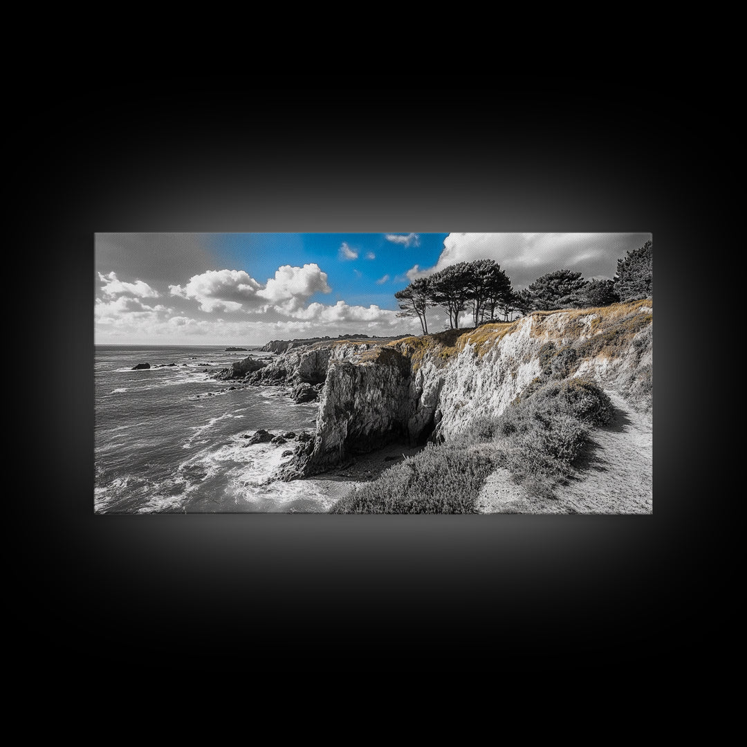 Coastal View, Cliffside Trees, Ocean Horizon, Nature Escape, Canvas Print perfect coastal wall art, minimalist home decor, bathroom art