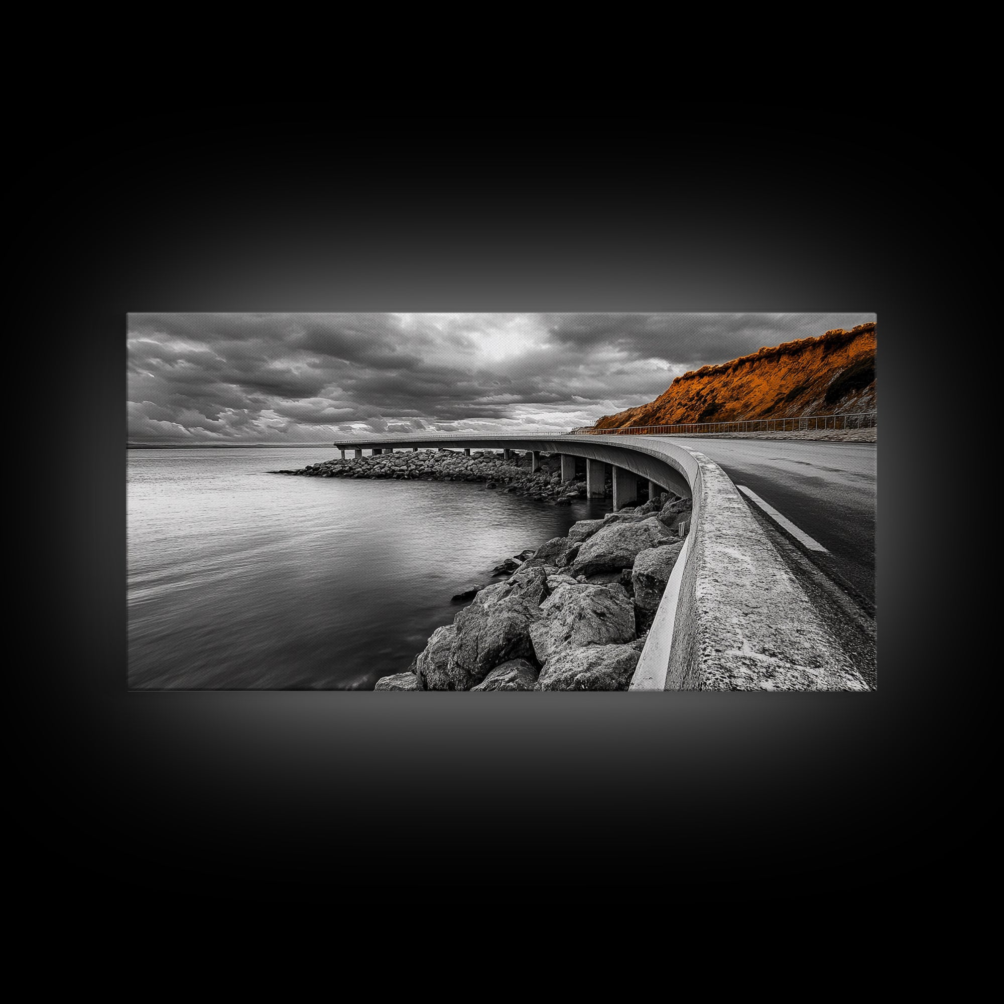 Cliffside Road, Autumn Drive, Ocean View, Stormy Sky, Canvas Print fall landscape art, modern hallway decor, minimalist travel scene