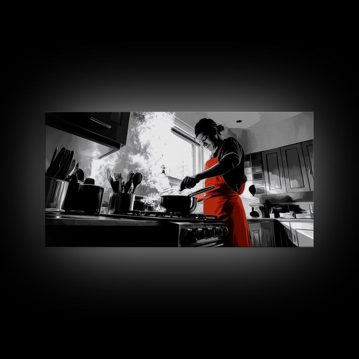 Bold Cooking Moment, Artistic Kitchen Scene, Red Apron Chef, Steam and Light, Framed Canvas Print, Kitchen Wall Art, Modern Pop Style