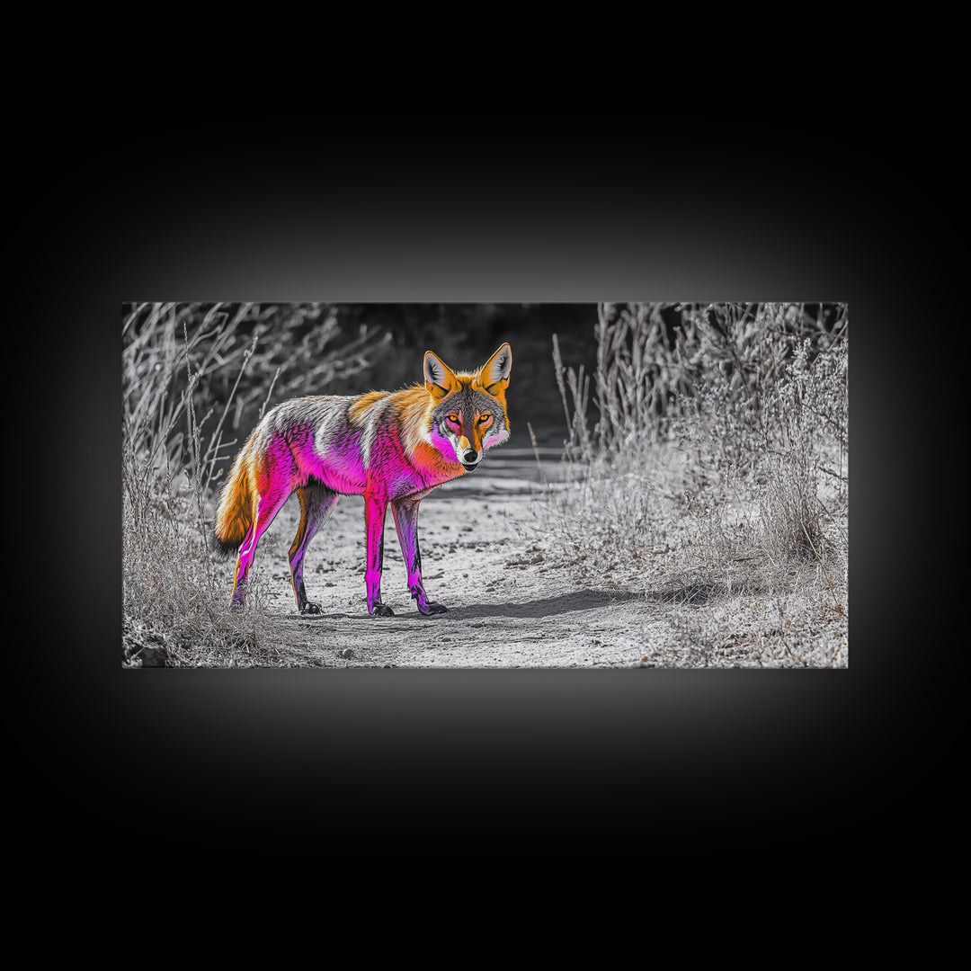 Neon Fox Portrait, Vibrant Wildlife Path Scene, Bright Nature Animal, Framed Canvas Print, Bedroom Wall Art, Psychedelic Animal Style