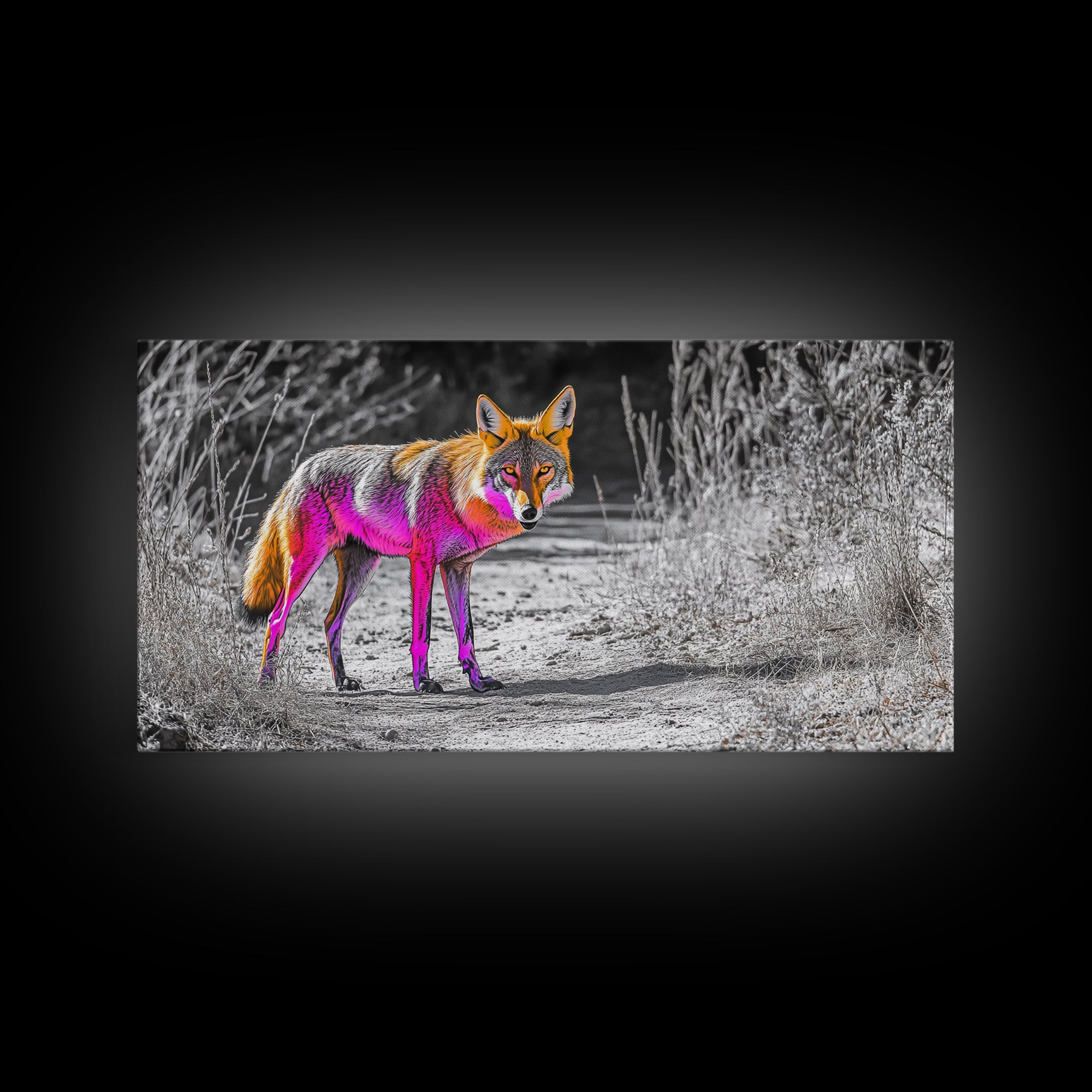 Neon Fox Portrait, Vibrant Wildlife Path Scene, Bright Nature Animal, Framed Canvas Print, Bedroom Wall Art, Psychedelic Animal Style