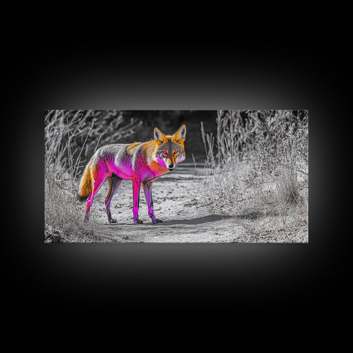 Neon Fox Portrait, Vibrant Wildlife Path Scene, Bright Nature Animal, Framed Canvas Print, Bedroom Wall Art, Psychedelic Animal Style