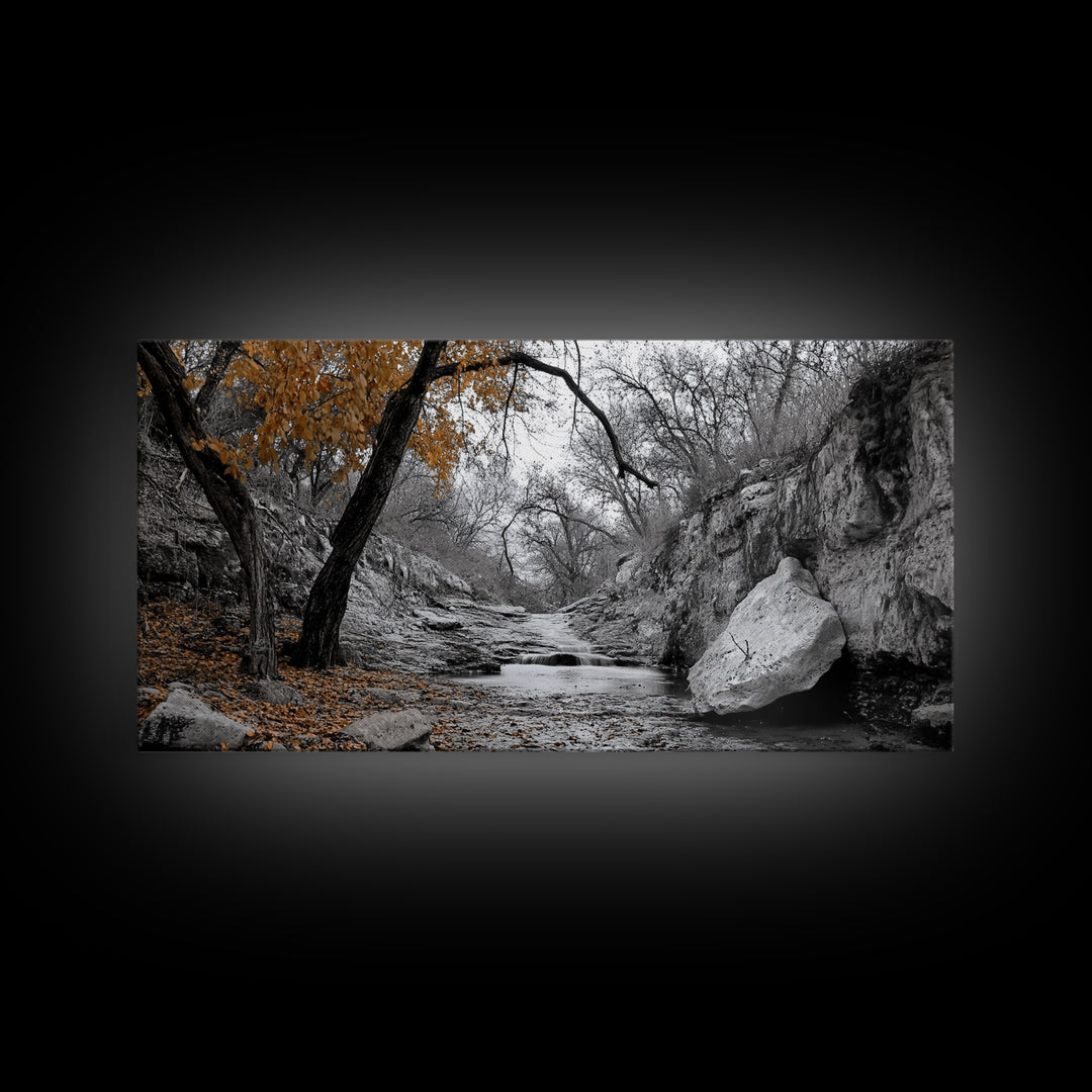 Autumn Stream, Orange Leaves, Waterfall Path, Framed Canvas Print, Fall Wall Art, Rustic Living Room Decor, Seasonal Nature Photography
