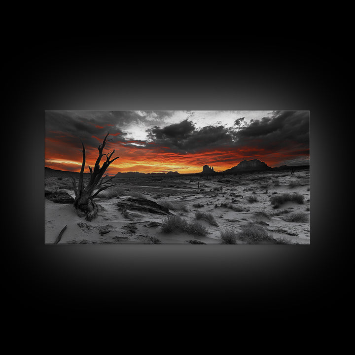 Desert Sunset, Red Sky, Monochrome Sand, Framed Canvas Print, Southwest Wall Art, Boho Bedroom Decor, Dramatic Nature Photography