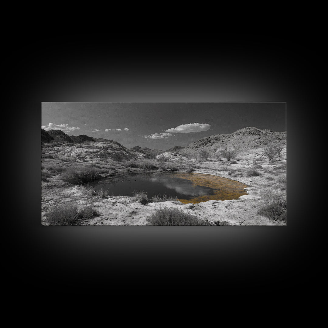 Desert Pool, Yellow Reflection, Desert Hills, Framed Canvas Print, Minimalist Nature Art, Neutral Home Decor, Modern Office Wall Art