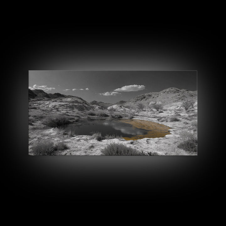 Desert Pool, Yellow Reflection, Desert Hills, Framed Canvas Print, Minimalist Nature Art, Neutral Home Decor, Modern Office Wall Art