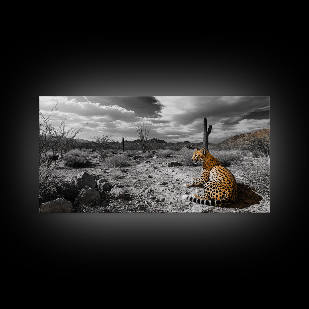 Cheetah Desert, Wild Cat, Monochrome Landscape, Framed Canvas Print, Safari Wall Art, Animal Lover Decor, Masculine Office Artwork