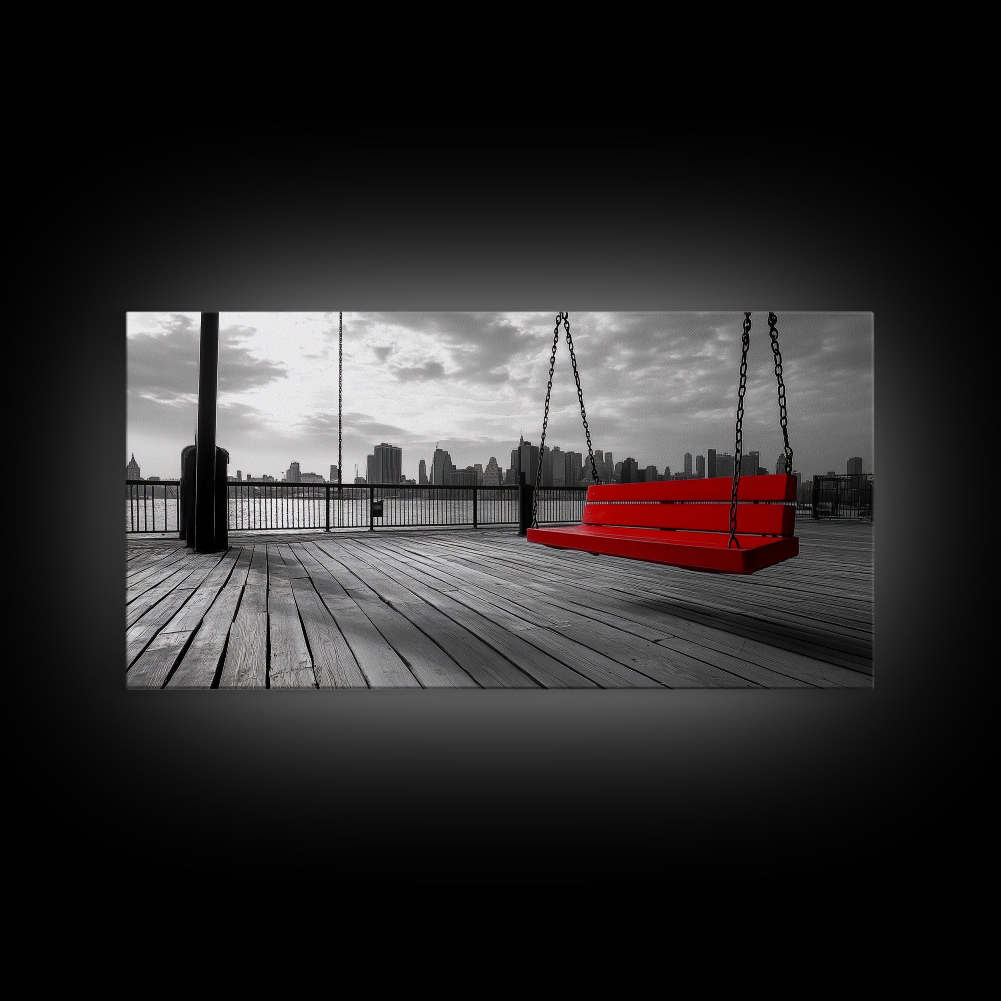 Red Swing, Skyline View, Urban Romance, Canvas Print, Cityscape Wall Art, Modern Minimalist Decor, Contemporary Bedroom Accent
