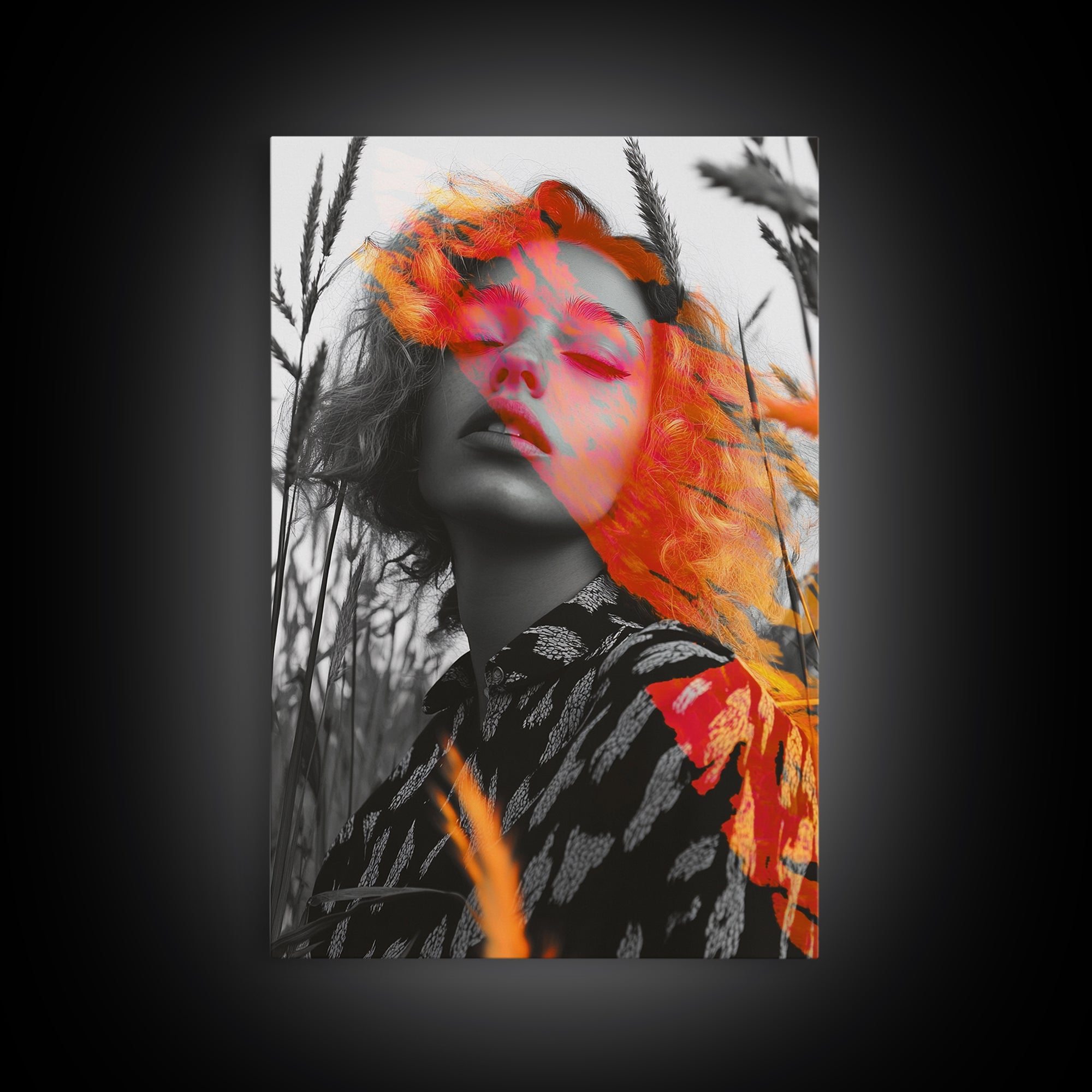 Surreal Woman, Field Portrait, Neon Face Art, Framed Canvas Print, Bold Feminine Wall Art, Bedroom Decor, Modern Pop Art Print