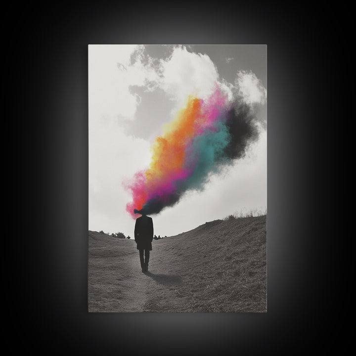 Colorful Mind, Surreal Silhouette, Abstract Smoke Art, Framed Canvas Print, Office Wall Art, Conceptual Psychedelic Art Decor