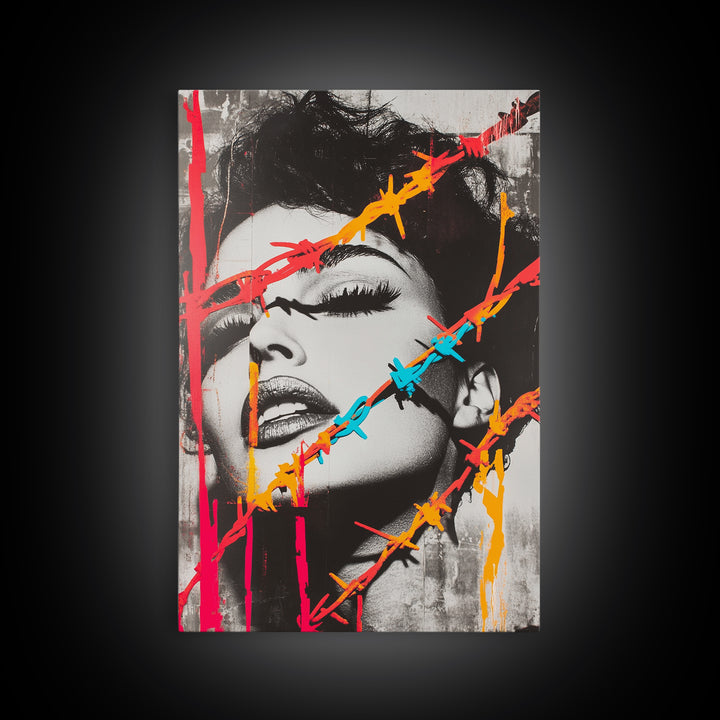 Neon Barbed Beauty, Graffiti Glam, Bold Portrait, Framed Canvas Print, Urban Wall Art, Edgy Bedroom Decor, Pop Art Style Statement