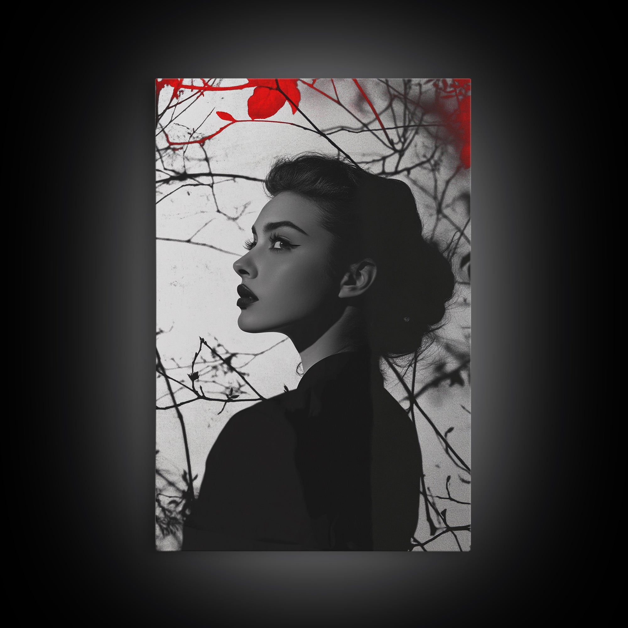 Noir Beauty, Red Accent Leaves, Dramatic Woman Profile, Framed Canvas Print, Glamour Wall Art, Gothic Bedroom Decor, Monochrome Style