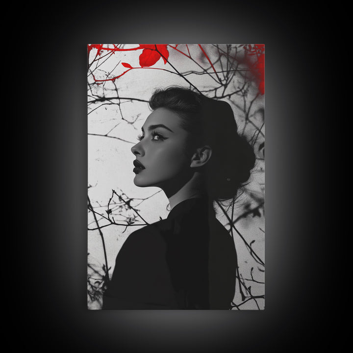 Noir Beauty, Red Accent Leaves, Dramatic Woman Profile, Framed Canvas Print, Glamour Wall Art, Gothic Bedroom Decor, Monochrome Style