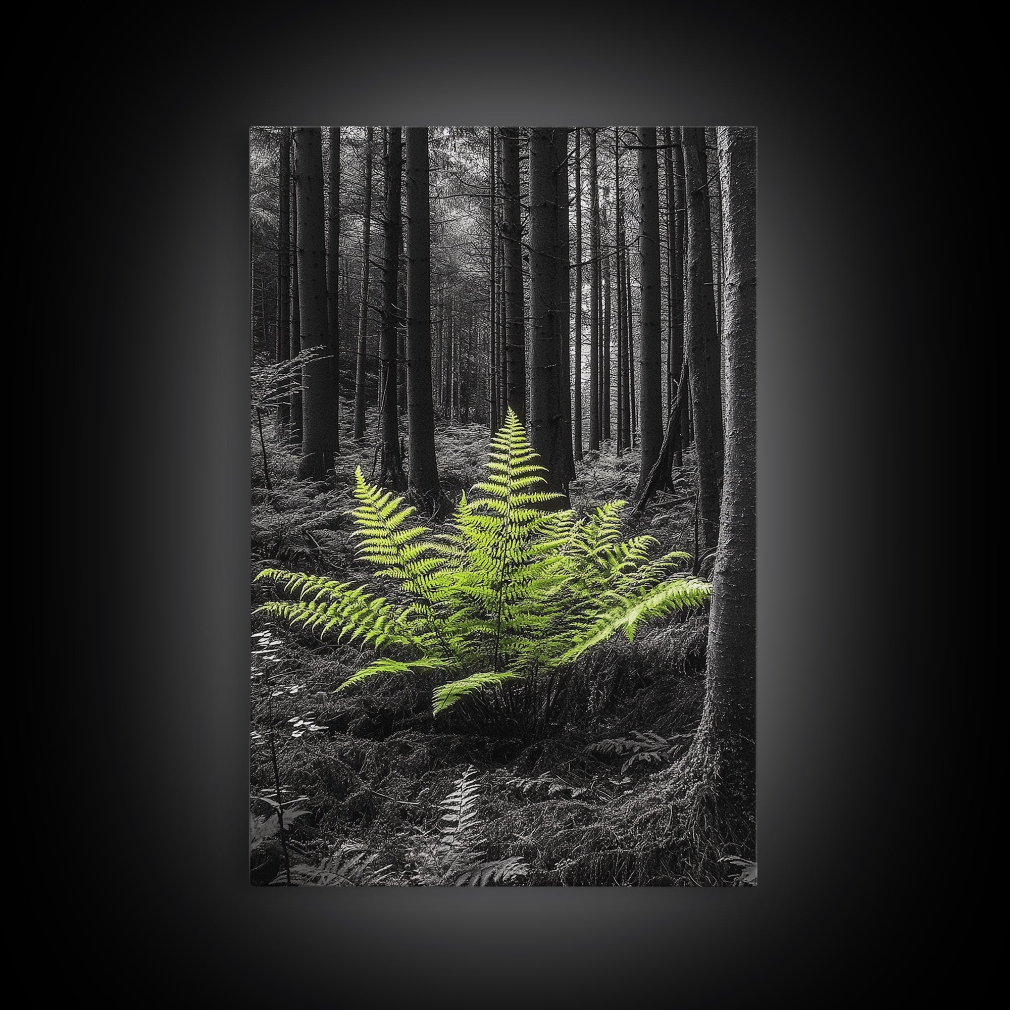 Green Fern, Forest Focus, Lush Nature, Woodland Light, Framed Canvas Print, Botanical Wall Art, Bedroom Decor, Minimalist Plant Art