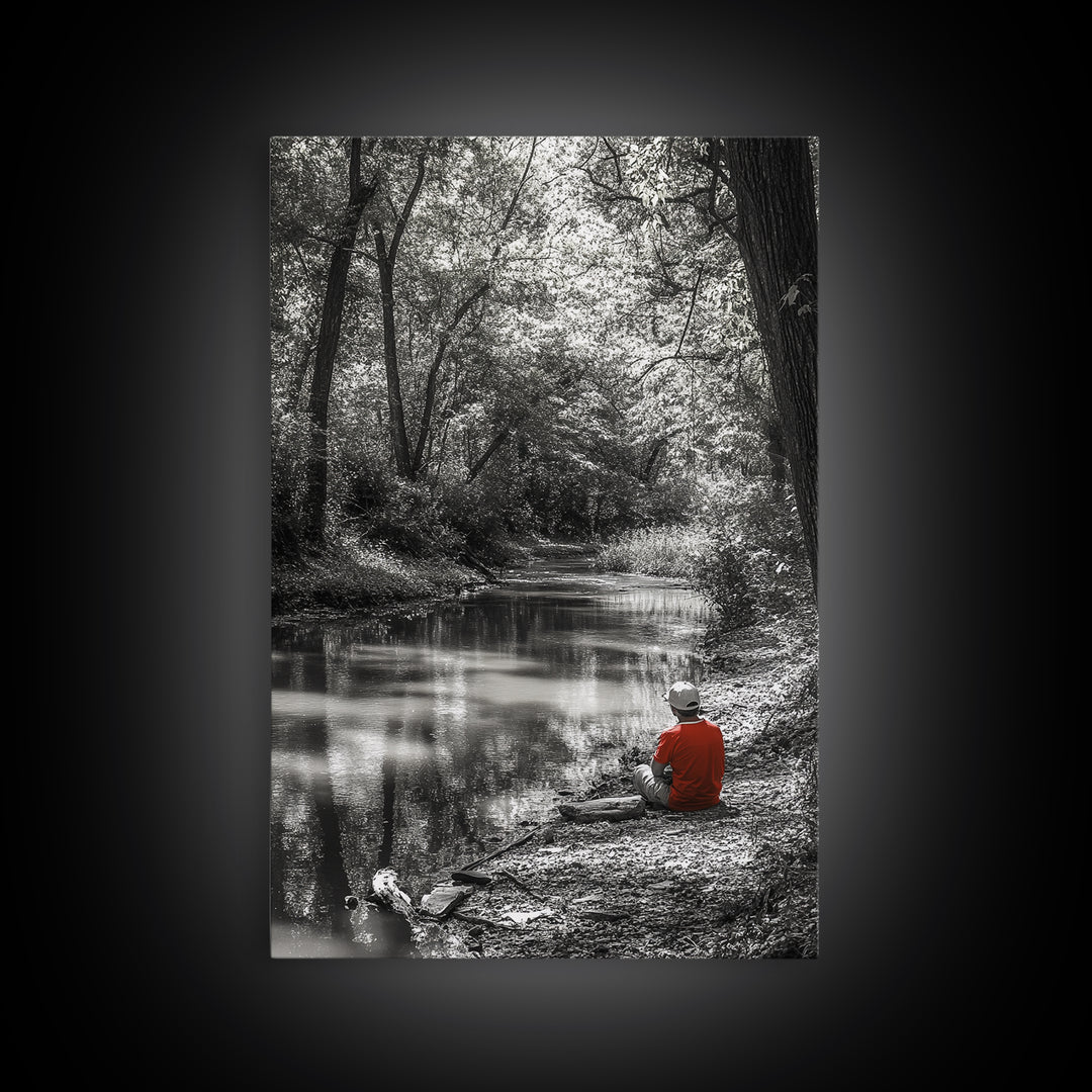 Boy Fishing, River Calm, Peaceful Moment, Nature Scene, Framed Canvas Print, Cabin Wall Art, Woodland Fall Decor, Tranquil Vibe