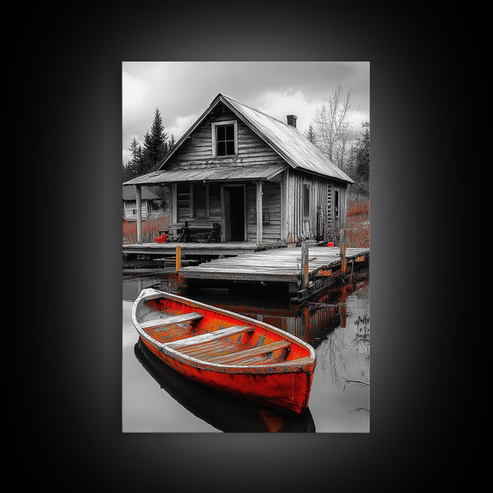 Cabin Reflection, Rustic Rowboat, Autumn Red, Lake Dock, Canvas Print, Fall Wall Art, Country Home Decor, Rustic Landscape, Lodge Style Art