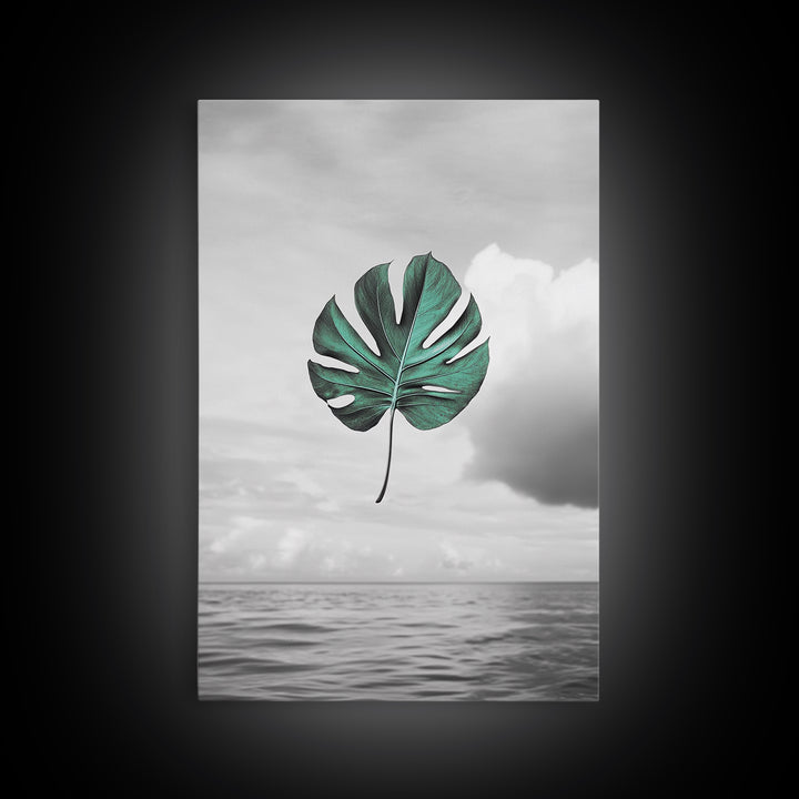 Monstera Leaf, Ocean Breeze, Tropical Minimalism, Floating Leaf, Framed Canvas Print, Modern Bathroom Art, Boho Decor, Tropical Wall Art