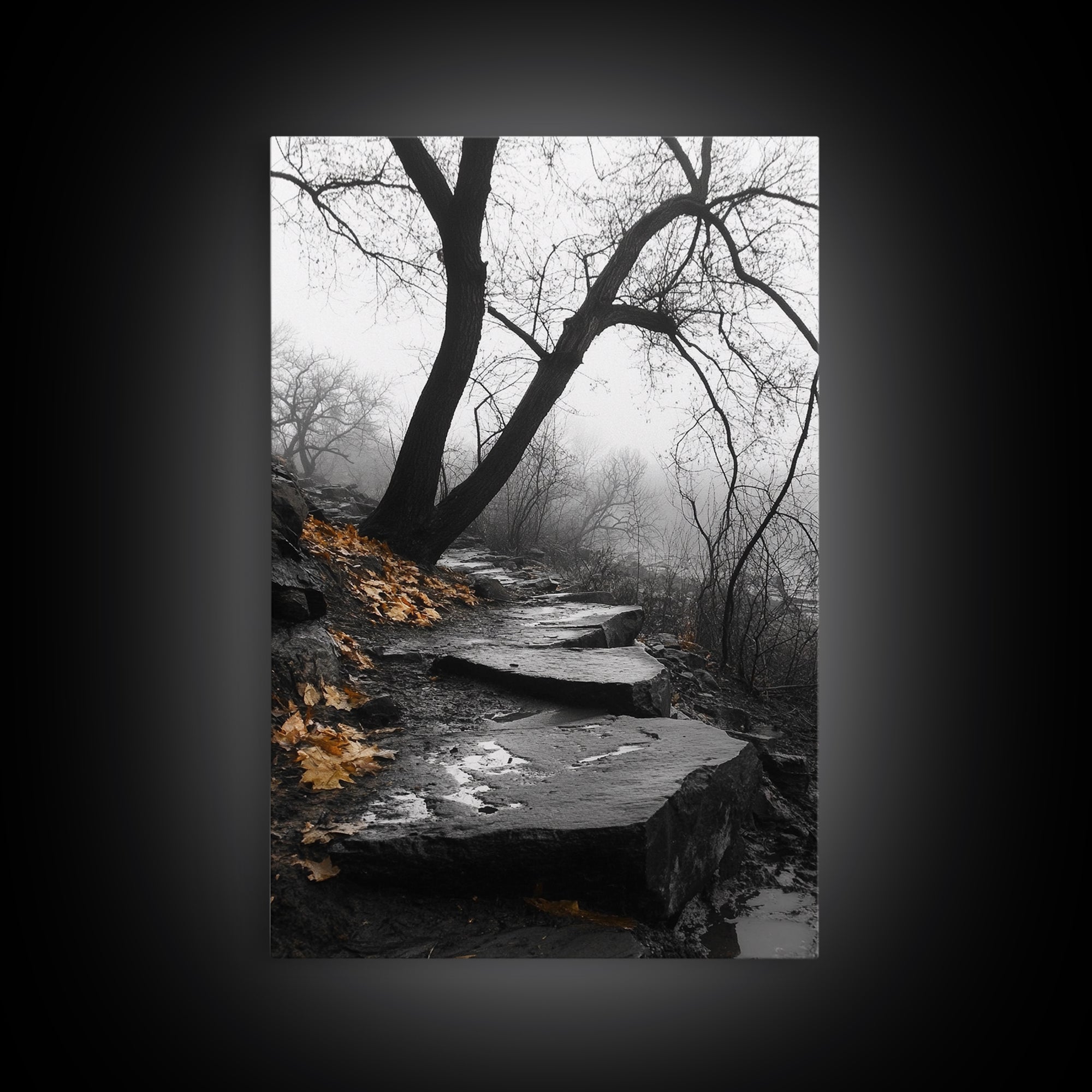 Stone Path, Autumn Trail, Moody Forest, Yellow Leaves, Canvas Print, Fall Nature Wall Art, Rustic Entryway Decor, Misty Woodland Scene