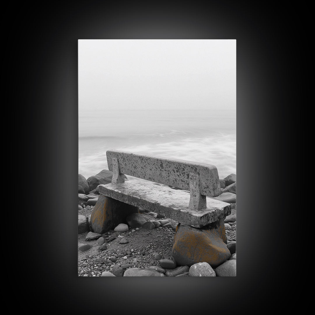 Seaside Bench, Rocky Shore, Ocean Fog, Coastal Calm, Framed Canvas Print, Minimalist Beach Art, Coastal Decor, Serene Ocean View