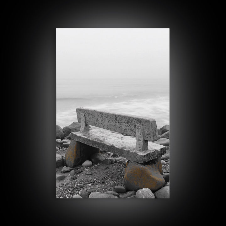 Seaside Bench, Rocky Shore, Ocean Fog, Coastal Calm, Framed Canvas Print, Minimalist Beach Art, Coastal Decor, Serene Ocean View