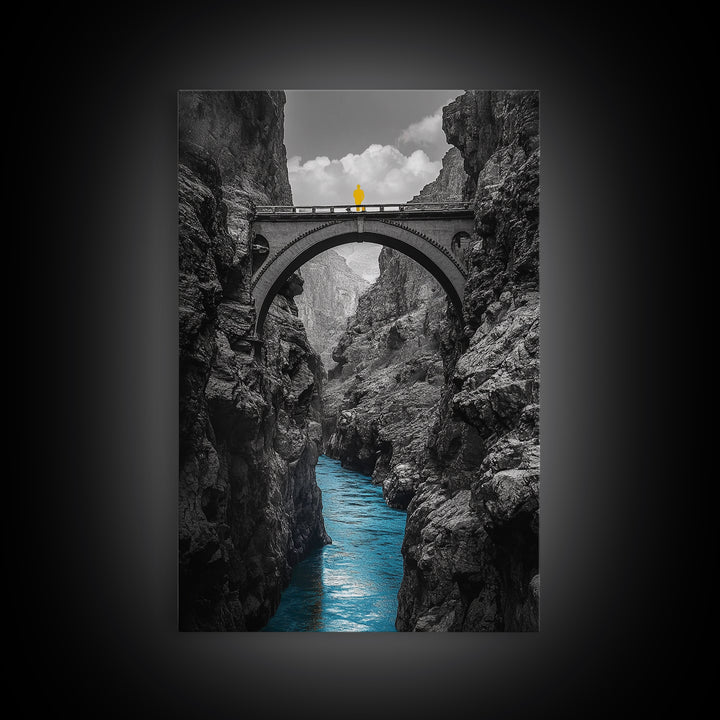 Canyon Bridge, Blue River, Yellow Figure, Framed Canvas Print, Bold Color Photography, Dramatic Landscape, Office Statement Art