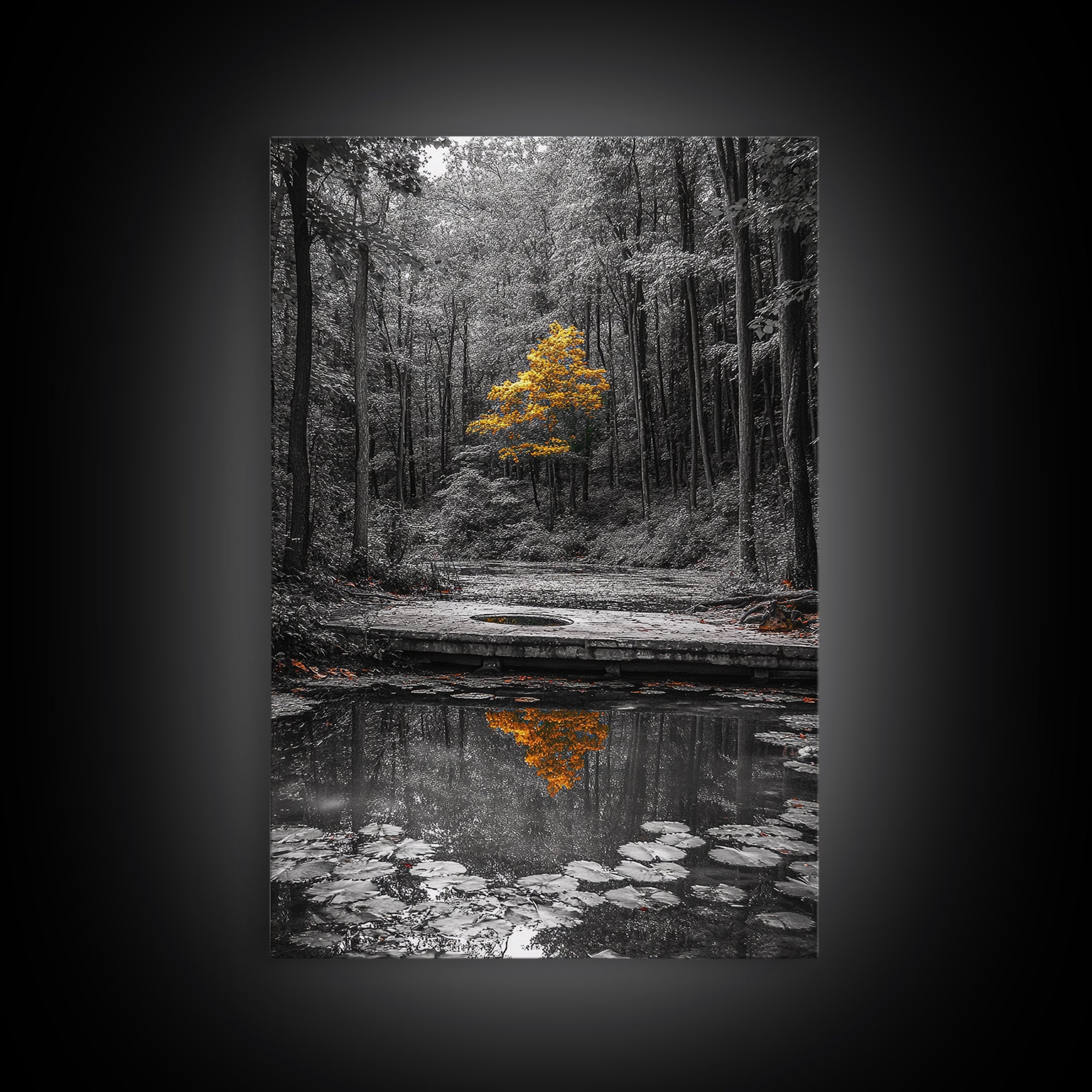 Lone Yellow Tree, Tranquil Pond, Forest Reflection, Canvas Print, Fall Nature Wall Art, Autumn Minimalist Decor, Peaceful Meditation Room