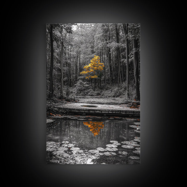 Lone Yellow Tree, Tranquil Pond, Forest Reflection, Canvas Print, Fall Nature Wall Art, Autumn Minimalist Decor, Peaceful Meditation Room