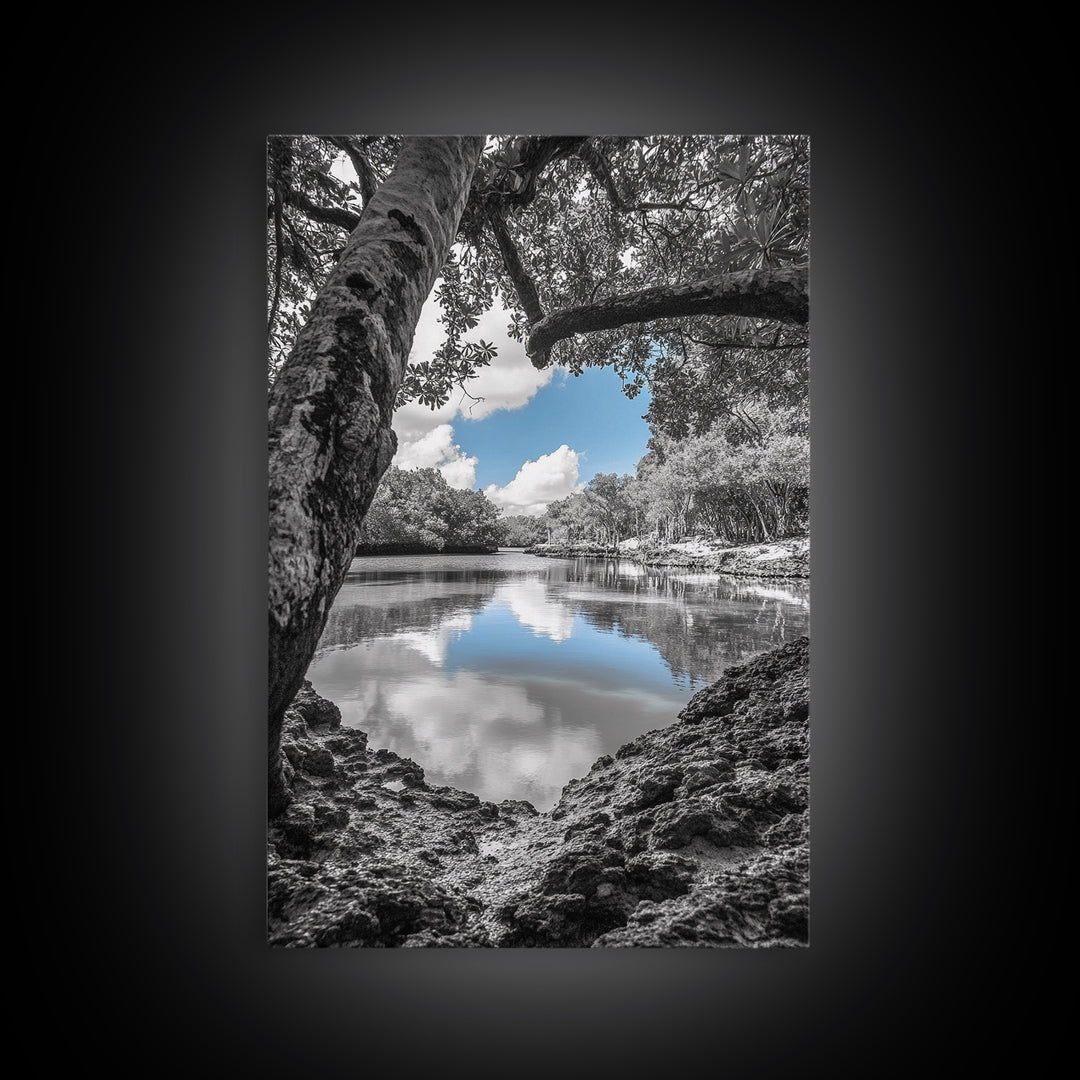 Blue Sky River, Tropical Trees, Natural Tranquility, Framed Canvas Print, Relaxing Bedroom Wall Art, Coastal Nature, Serene Landscape Decor