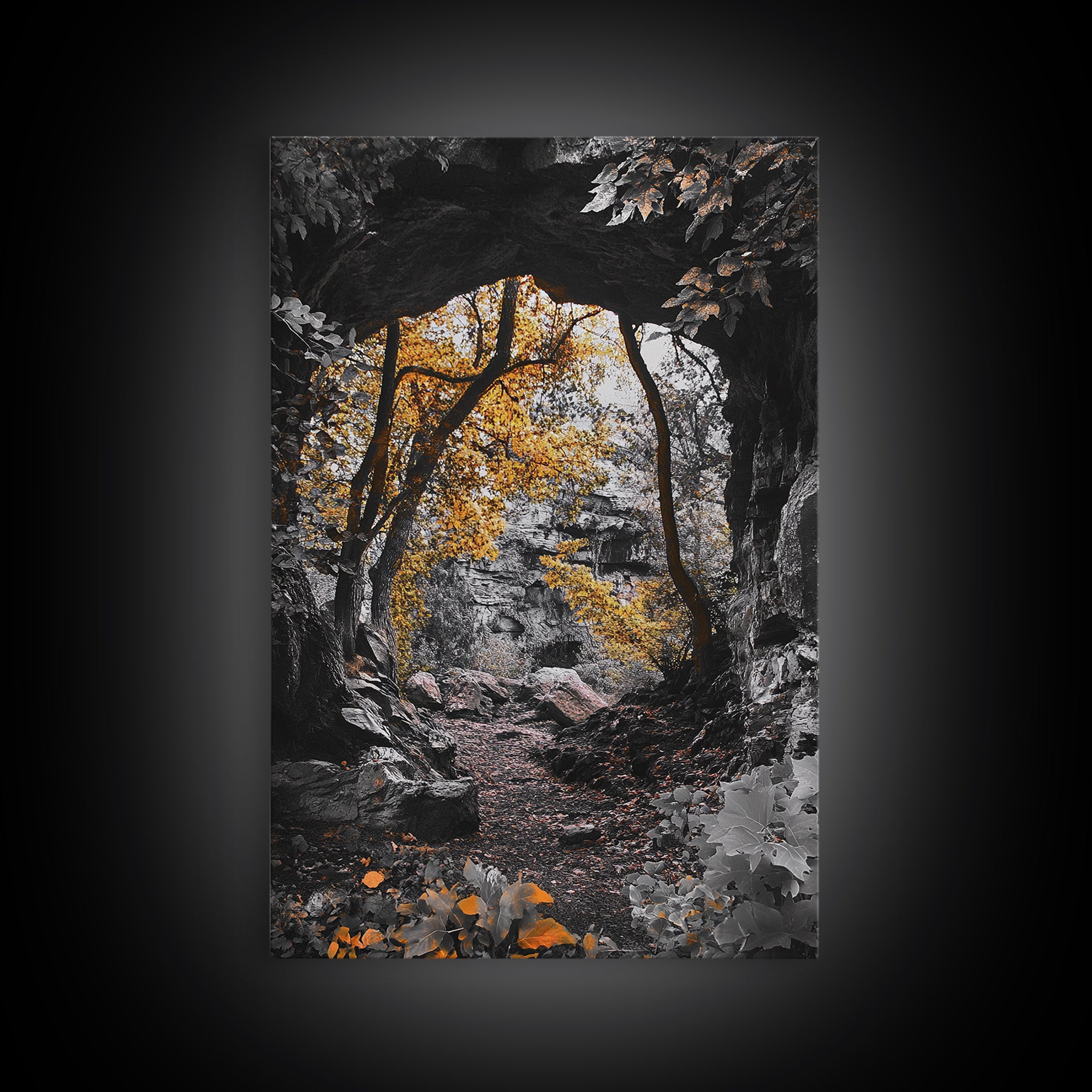 Autumn Trail, Yellow Foliage, Forest Pathway, Framed Canvas Print, Fall Wall Art, Warm Earth Tones, Rustic Entryway Decor, Woodland Scene