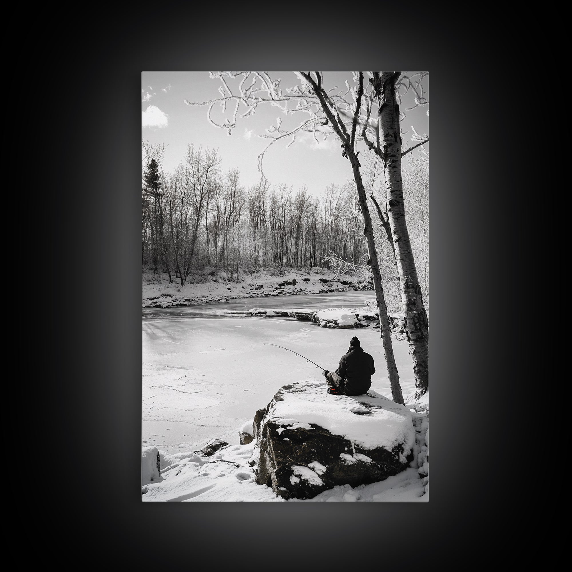 Winter Fishing, Snowy River, Peaceful Solitude, Canvas Print, Cabin Wall Art, Rustic Outdoor Decor, Black White Nature Photography