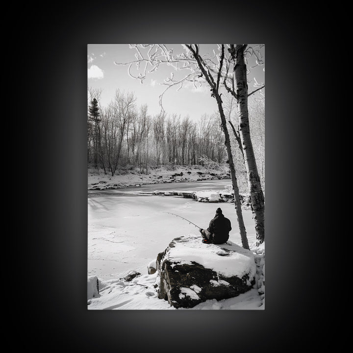 Winter Fishing, Snowy River, Peaceful Solitude, Canvas Print, Cabin Wall Art, Rustic Outdoor Decor, Black White Nature Photography