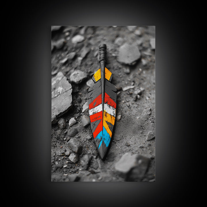 Tribal Feather, Painted Arrow, Rustic Stone Ground, Canvas Print, Boho Wall Art, Native Inspired Decor, Color Pop Rustic Style