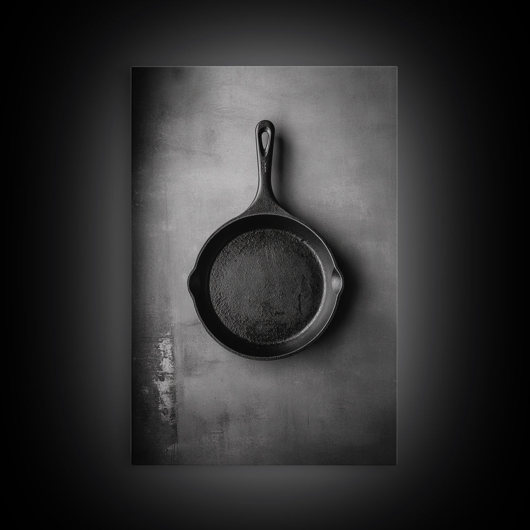 Cast Iron Pan, Rustic Kitchen, Black White Still Life, Framed Canvas Print, Kitchen Wall Art, Farmhouse Cooking Decor, Chef Gift Idea
