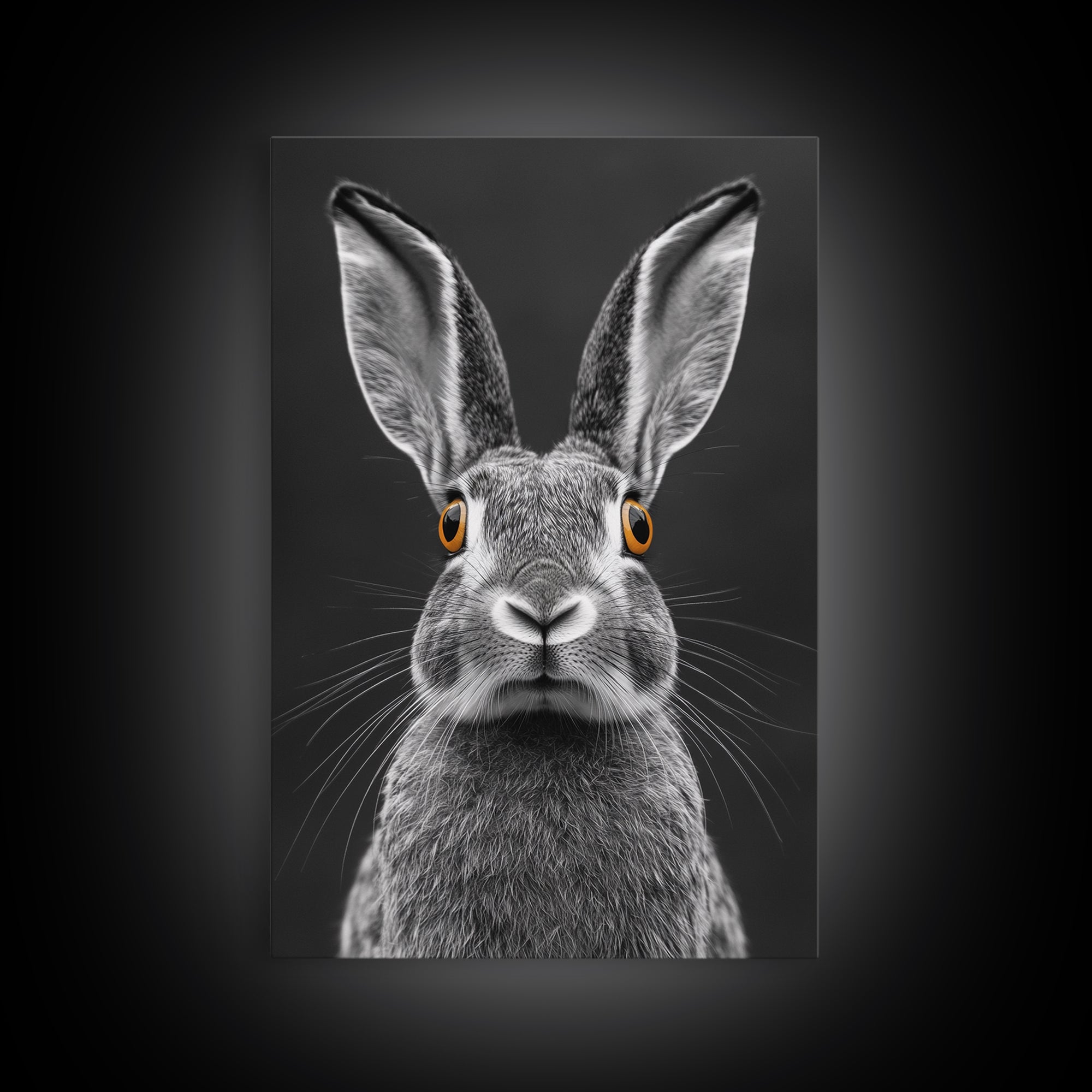 Wide Eyed Rabbit, Animal Portrait, Monochrome Humor, Framed Canvas Print, Nursery Wall Art, Whimsical Minimalist Decor, Funny Gift