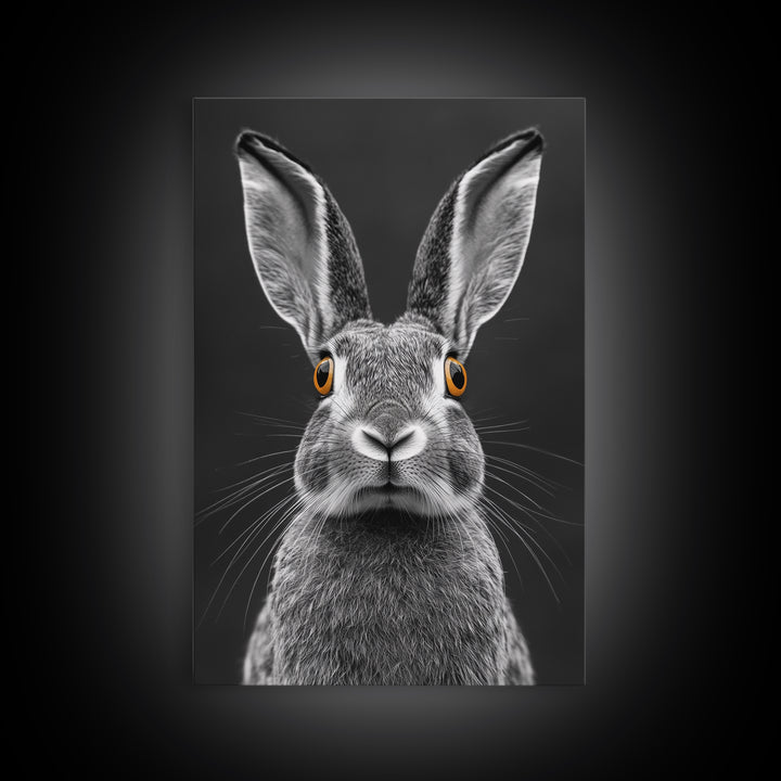 Wide Eyed Rabbit, Animal Portrait, Monochrome Humor, Framed Canvas Print, Nursery Wall Art, Whimsical Minimalist Decor, Funny Gift