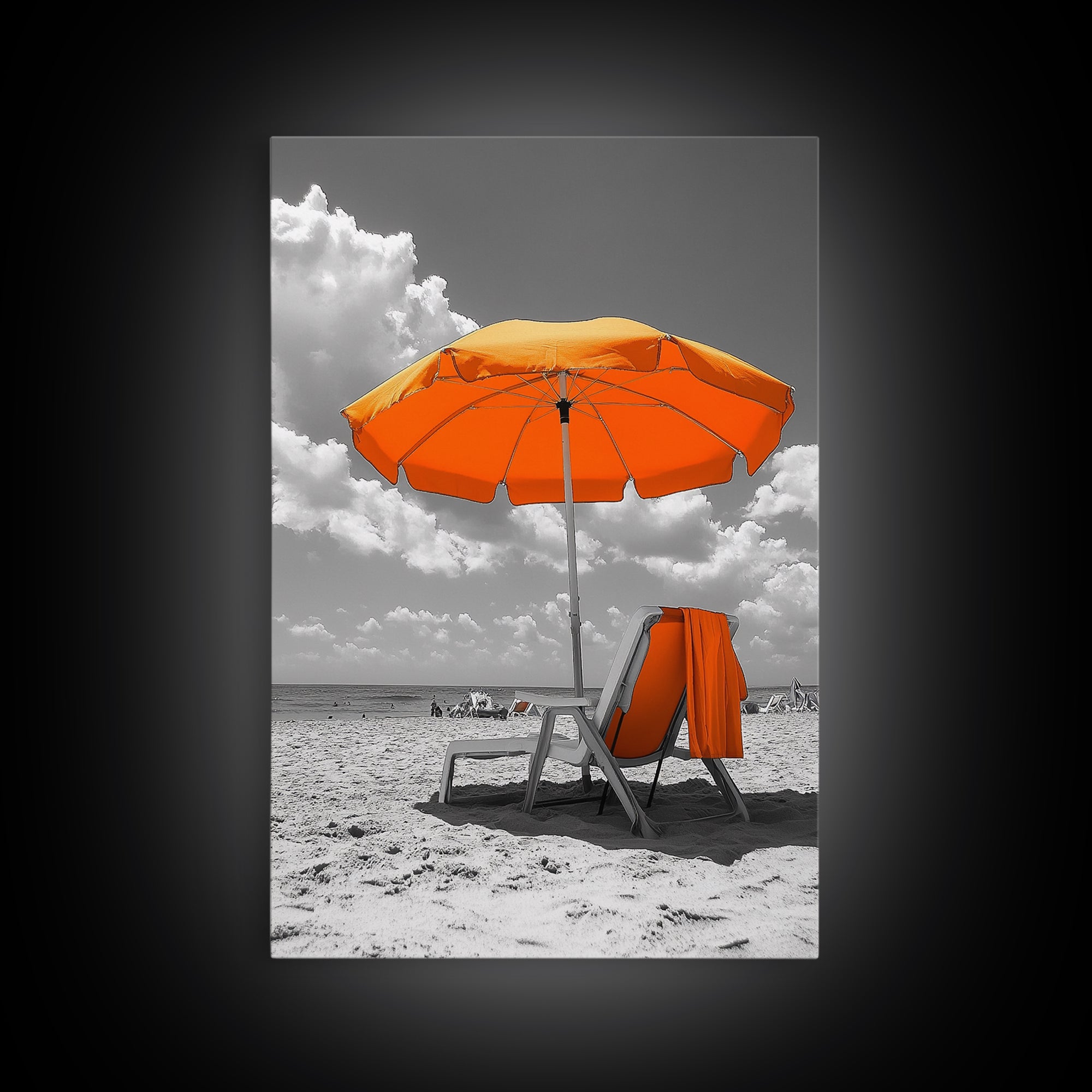Orange Umbrella Shade, Beach Chill Scene, Relax Spot, Framed Canvas Print, Summer Wall Art, Vacation Vibe Decor, Minimalist Beach Art