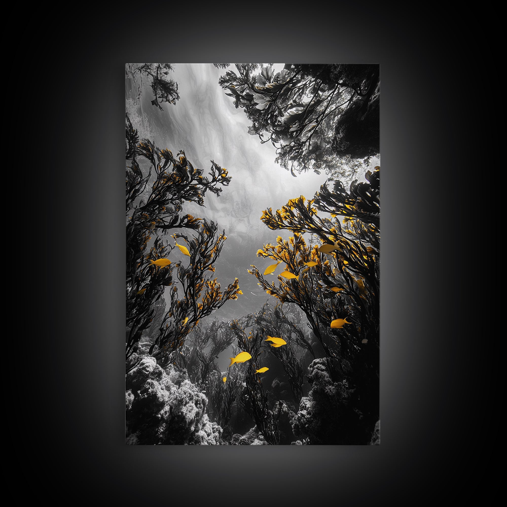 Golden Fish, Kelp Forest, Ethereal Ocean Scene, Framed Canvas Print, Underwater Wall Art, Nature Photography, Bathroom Sea Decor