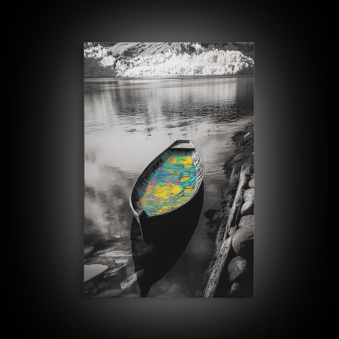 Rowboat Map Interior, Lake Reflections, Artistic Travel Theme, Canvas Print, Cabin Wall Art, Unique Lake House Decor, Explorer Style